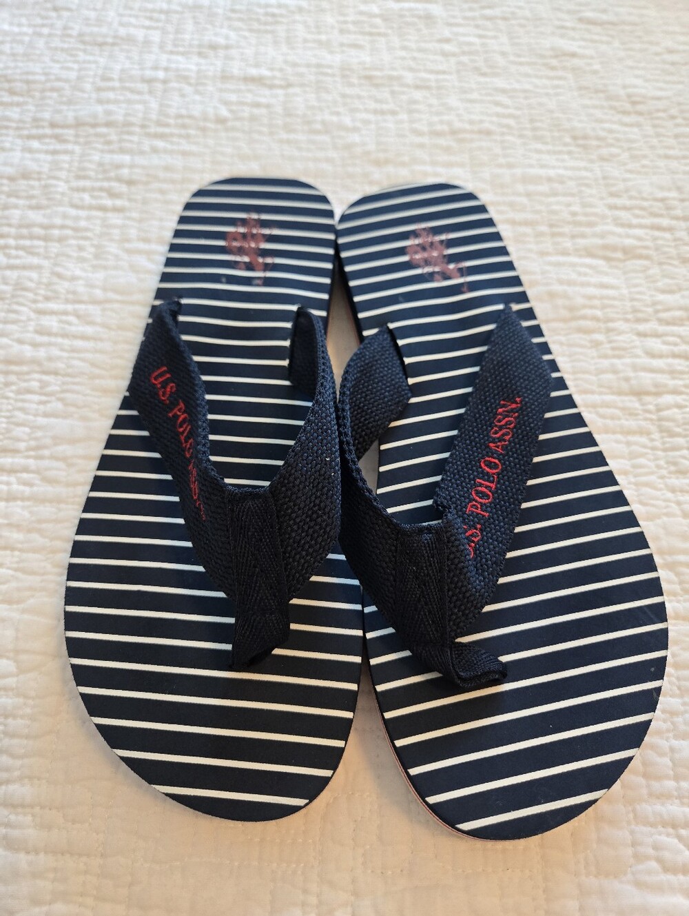 U.S. Polo Assn. Navy & White Striped Flip Flops with Red Logo, Size M 7/8